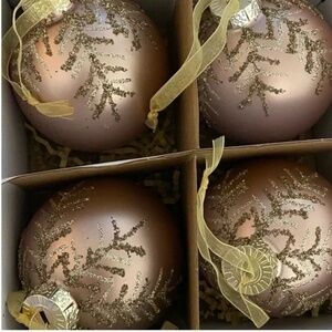 Martha Stewart Rose Gold Glass Ornaments w/ Gold Glitter Detail Set of 4 NWT